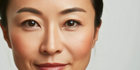 Fototapeta premium Cosmetic beauty procedures. A close up view highlights a middle aged Asian womans face following a facelift treatment, showcasing the effects of the beauty treatment.
