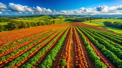 Aerial View of Sweet Potato Fields Showcasing Vibrant Orange Foliage and Rich Soil, Ideal for Agriculture, Organic Farming, Nutrition, and Culinary Uses