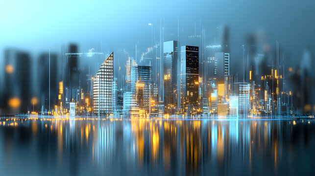 Futuristic city skyline with glowing buildings and reflections at night