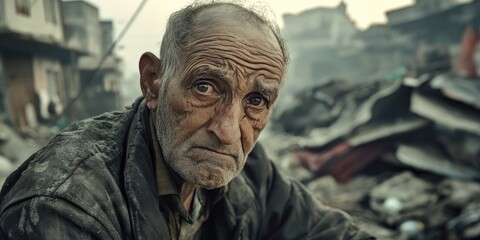 Fototapeta premium A poignant image captures a sorrowful man gazing into the lens following a calamity. This scene reflects themes of tragedy, disaster, and urgent emergencies like earthquakes.