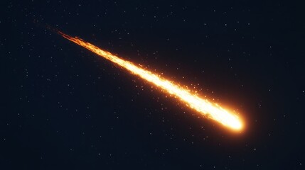 A fiery meteor streaks across the night sky, leaving a glowing trail behind it.