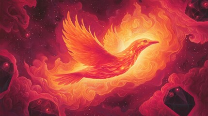 Obraz premium A fiery phoenix soars through a vibrant cosmic backdrop
