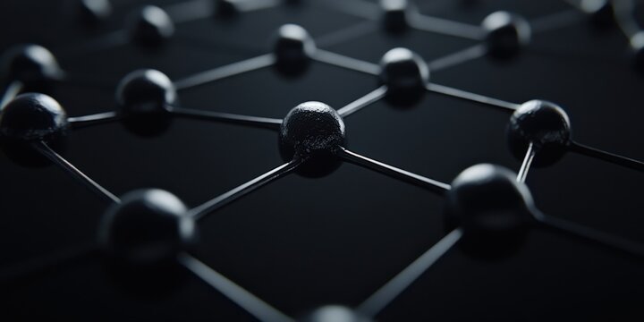 Abstract Iridescent Metallic Molecules Expanding Horizontally Across Black Background in Surreal Perspective, Highlighting Industrial Technology and Innovation with Chemistry and Sustainability Focus
