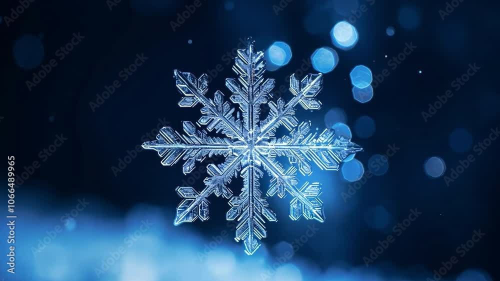Poster crystal snowflake macro: a single, intricately detailed snowflake shimmers against a deep blue backg