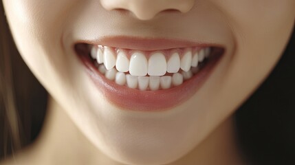 Obraz premium Close-up of a smiling woman with white teeth, highlighting dental treatment and beauty. This beauty shot of an Asian model provides ample photo style copy space.