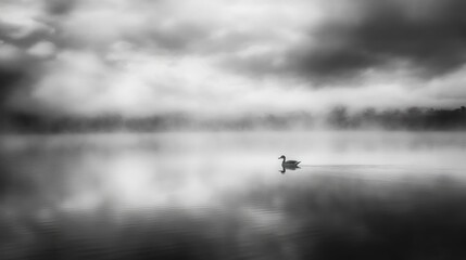 A solitary duck swims through a tranquil lake shrouded in mist, creating a serene and ethereal atmosphere.