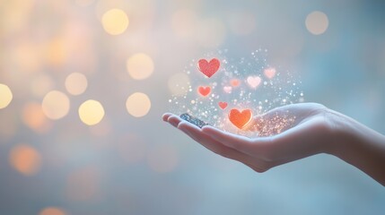 Hand holding glowing hearts and glitter from smartphone, symbolizing love, social media, or valentine's day, with warm blurred background