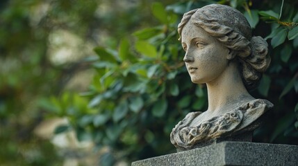 Obraz premium A stone sculpture depicting a womans bust is positioned on a platform, highlighting the intricate details of the womans bust in the artwork with ample photo style copy space.