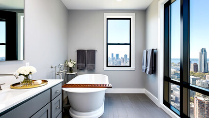 Fototapeta premium A bathroom with a tub and a window with the city skyline visible.