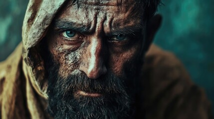 Obraz premium Close-up of a man in dirty clothes begging for money, capturing the emotional struggle and human experience of begging. The photo provides ample space for text or other elements.