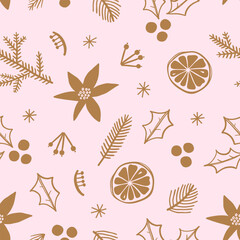 Hand drawn floral seamless pattern with traditional Christmas elements, holly leaves and berries. Vintage style. 