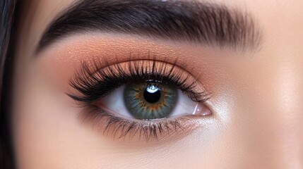 Obraz premium Close-up of a captivating womans eye accentuated by long dark eyelashes, set against a soft, blurred background. The womans eye reflects beauty and elegance, creating a mesmerizing focus.