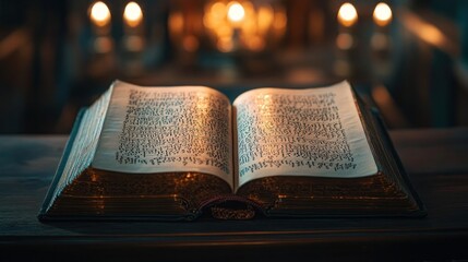 Open Book With Ancient Writing Under Candlelight