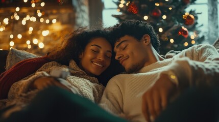 Young multiethnic couple relaxed at home on Christmas.