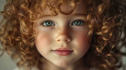 Fototapeta premium Close-up portrait of a child with curly hair, capturing the innocence and charm of youth. This image emphasizes the childs unique curly hair and joyful expression, perfect for various creative uses.
