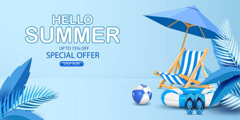 up to 75% off special offer hello summer sale banner,special discount,promotion and summer business bonus concept advertising and marketing banner with leisure vacation objects vector illustration.