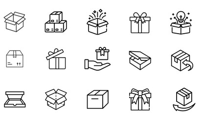 Box icon set. Product package cardboard shipping parcel box icon collection. Open and close outlined carton box vector sign. Open empty cube package. © Kristian