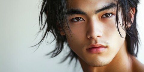 A mysterious young Asian male with flawless skin, a self assured look, and carefully styled hair exudes an aura of confidence and intrigue.