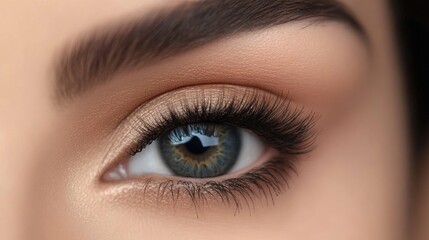 Obraz premium Close-up of a captivating womans eye accentuated by long dark eyelashes, set against a soft, blurred background. The womans eye reflects beauty and elegance, creating a mesmerizing focus.