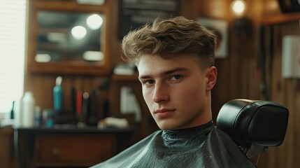 Young mans haircut at a barber shop with modern styling tools and techniques, capturing the essence of personal grooming and style in a well-lit environment with ample copy space.