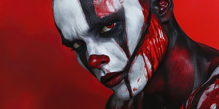 A frightening figure adorned with makeup, embodying a chilling, bloody theme that showcases horror elements effectively. The dramatic makeup enhances the terrifying appearance.