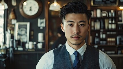 Handsome Asian barber with professional skills in hairstyling, demonstrating expertise in a salon setting. The barbers stylish techniques highlight the art of hairdressing with ample copy space.