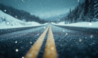 A Snowy Road with Double Yellow Lines Leading into a Blurry, Snowy Forest Background