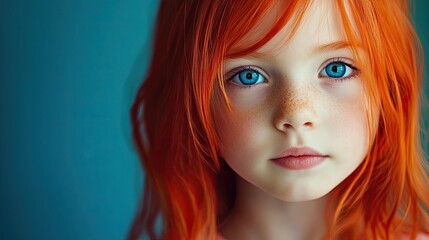 Fototapeta premium Portrait of a small girl with striking blue eyes and vibrant red hair, captured in a creative composition with ample copy space for your design needs.