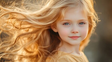 Naklejka premium Adorable little princess with stunning long, fluffy golden hair captures the essence of childhood charm. This image of a little princess radiates joy and innocence, perfect for various themes.