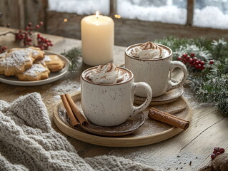 A photo of a  cup of coffee/chocolate with creams and cookies on table near a window, with a candle and christmas decorations, background wallpaper