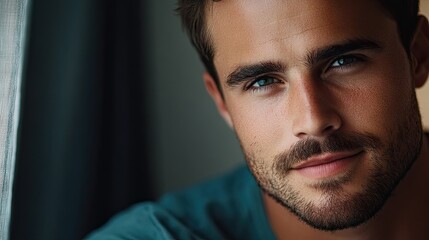 Obraz premium Close-up portrait of a handsome man confidently looking at the camera, highlighting his features with ample copy space for graphic use and creative design.