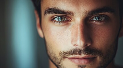 Obraz premium Close-up portrait of a handsome man confidently looking at the camera, highlighting his features with ample copy space for graphic use and creative design.