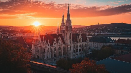 A gothic cathedral bathed in the golden glow of sunset