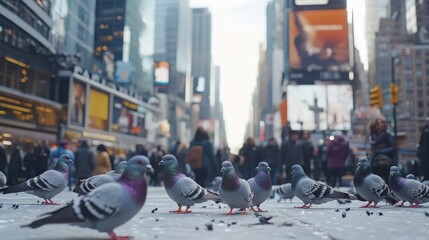 Fototapeta premium Pigeons gather in Times Square, New York City, amidst a bustling crowd.