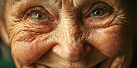 A detailed view of a joyful, lined face, showcasing a cheerful expression. The close up highlights the happiness and character evident in the wrinkles of the smiling individual.