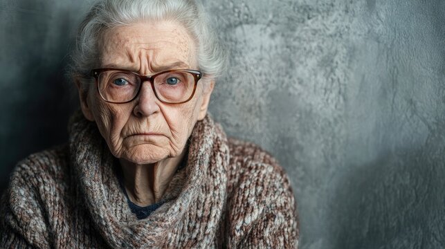 Illness and old age concept captured in a portrait of a grumpy elderly woman wearing eyeglasses, set against a gray wall background, with ample copy space for text.