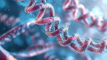 A close-up visualization of DNA strands, showcasing their intricate structure and vibrant colors against a blue background, representing molecular biology.