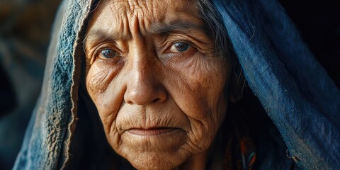 A banner showcases an elderly Mexican woman with a worried expression, conveying distress over climate change and global warming. Her sadness reflects the struggles of her community.