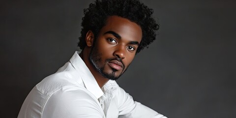 A self assured black man with an afro hairstyle is posing in a studio, dressed in a white shirt, exuding confidence and style in the setting.