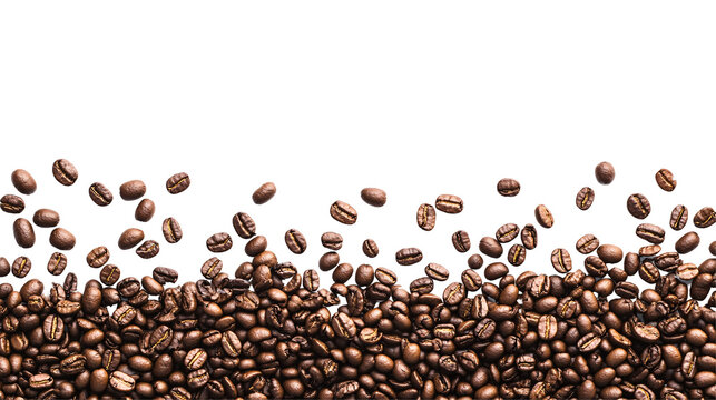 Roasted coffee beans isolated on transparent background, aromatic and textured.