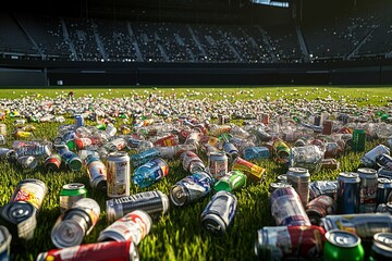 Littered Stadium Field: A Visual Reminder of Environmental Impact