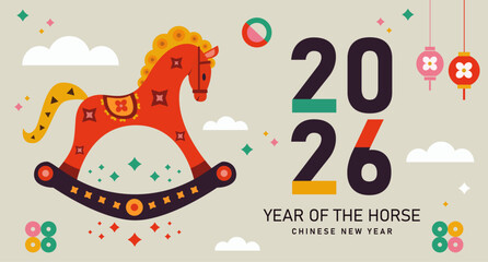 2026 chinese new year ,happy chinese new year 2026, year of the horse, lunar new year 2026 modern flat geometric style chinese zodiac horse
