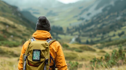 A hiker in an orange jacket stands in a lush valley, surrounded by mountains. Nature inspires adventure and exploration.