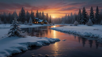 Obraz premium Tranquil winter scene with cozy houses illuminated against snowy landscape with river and starry sky reflecting