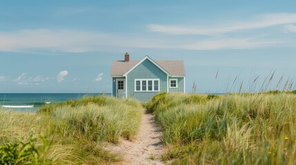 A serene coastal house surrounded by lush grass, leading to the tranquil beach and blue ocean under a clear sky.