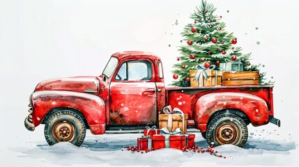 Christmas Red Vintage Pickup with Christmas Tree and Gifts

