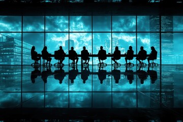 Silhouettes of Businesspeople in a Meeting Room with a City View