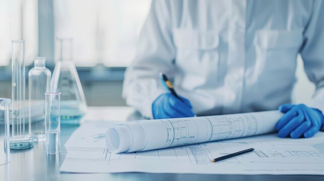 A scientist in a lab coat examines blueprints, surrounded by glassware, emphasizing research and development in a scientific environment. - Powered by Adobe