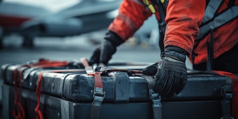 Focused male worker in an orange uniform securing cargo for air transport.