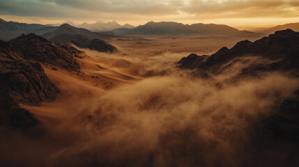 Naklejka premium The vast desert during an intense sandstorm, where towering dunes fade into a thick dust cloud, under a sky cast in muted shades of yellow and brown.